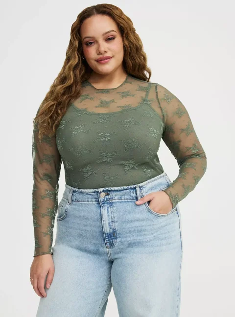 Buy Torrid Sheer Lace Long Sleeve Crew Top - Plus Size Chic