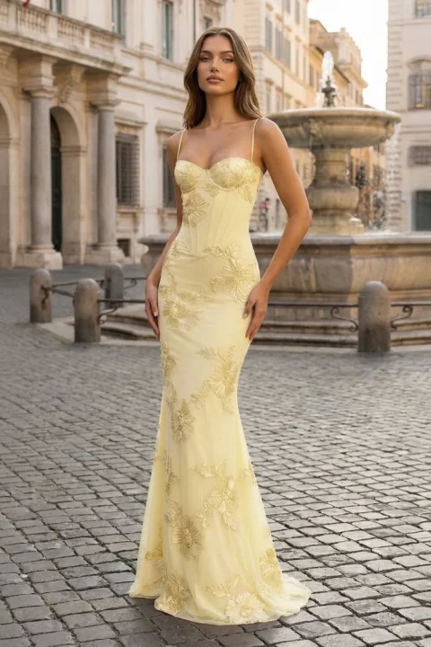 Buy Yellow Floral Sheath Prom Dress | Elegant Spaghetti Strap