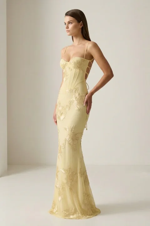 Buy Yellow Floral Sheath Prom Dress | Elegant Spaghetti Strap