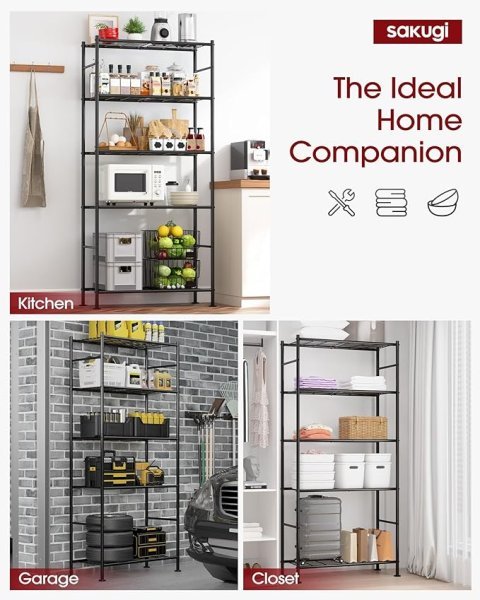 Sakugi Storage Shelves - 5 Tier Shelf Organizer, Heavy Duty Garage Shelving Unit with Leveling Feet, Stable Metal Shelves Organizer for Pantry, Kitchen and Closet, 33.0" W x 12.6" D x 72.0" H, Black
