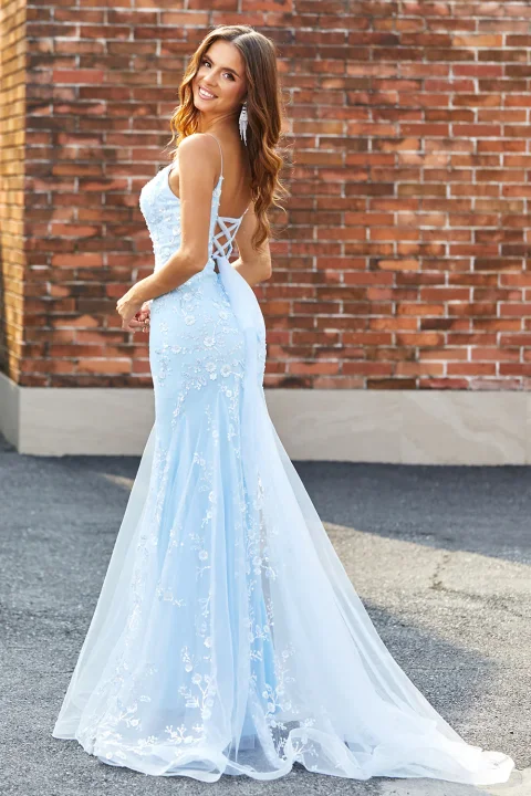 Buy Light Blue Beaded Mermaid Prom Dress - Lace-Up Back