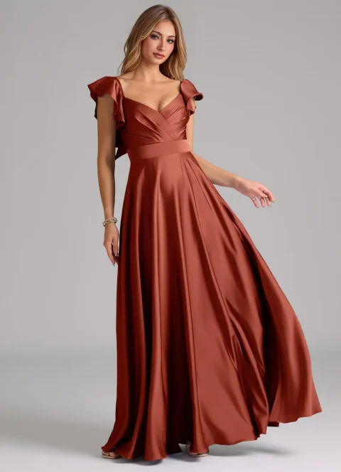 Buy Terracotta A-Line Ruched Stretch Satin Dress Online