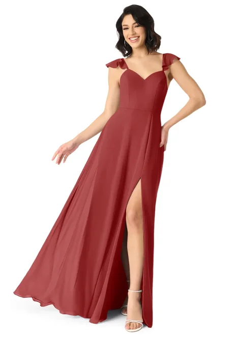 Buy Rust A-Line V-Neck Ruched Chiffon Dress Online