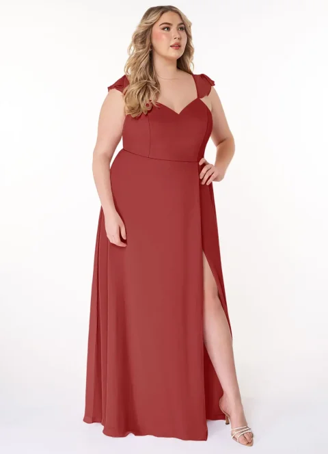 Buy Rust A-Line V-Neck Ruched Chiffon Dress Online