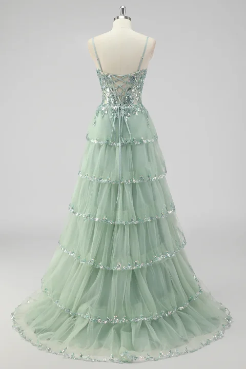Buy Sage Green Sequin Corset Prom Dress with Slit