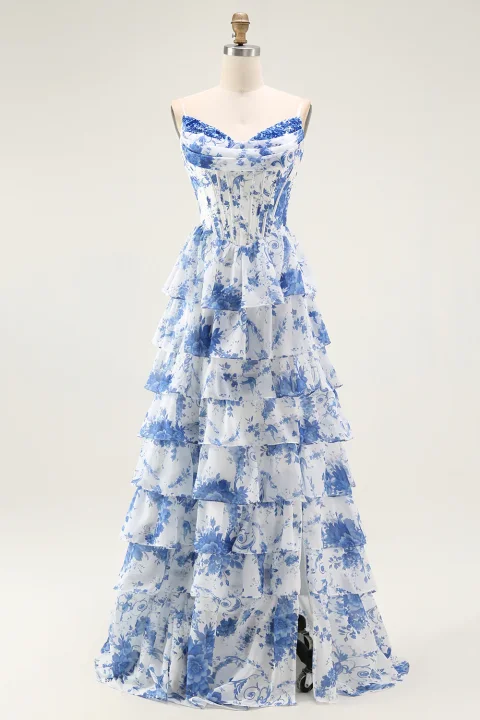Buy Blue & White Floral Corset Prom Dress with Slit