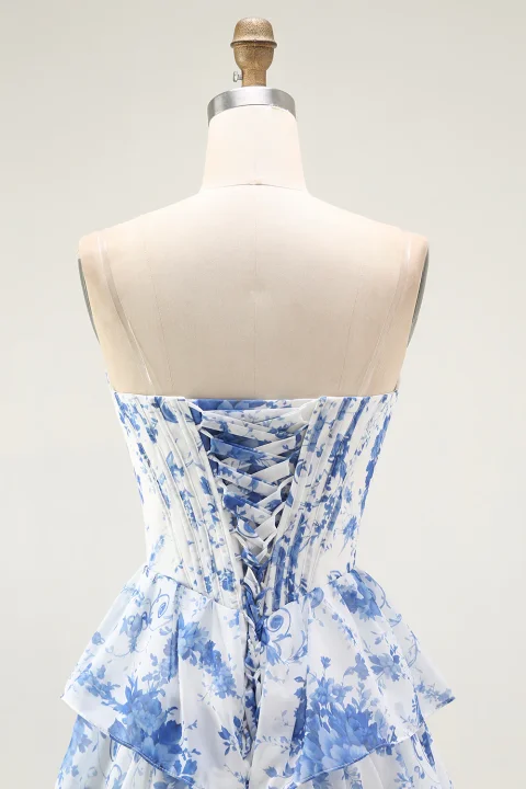 Buy Blue & White Floral Corset Prom Dress with Slit
