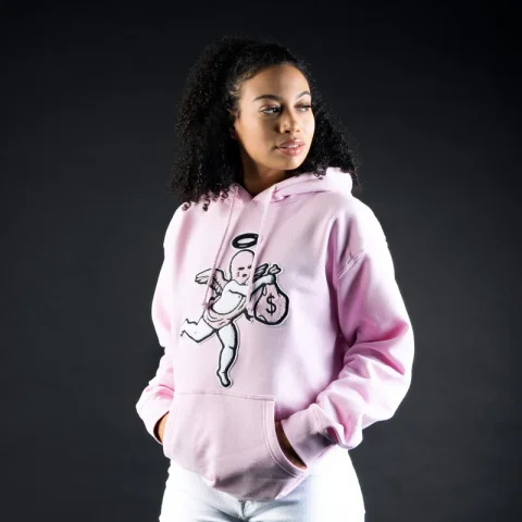 Pink Ski Mask Angel Chenille Patch Hoodie | Heavyweight Statement Pullover