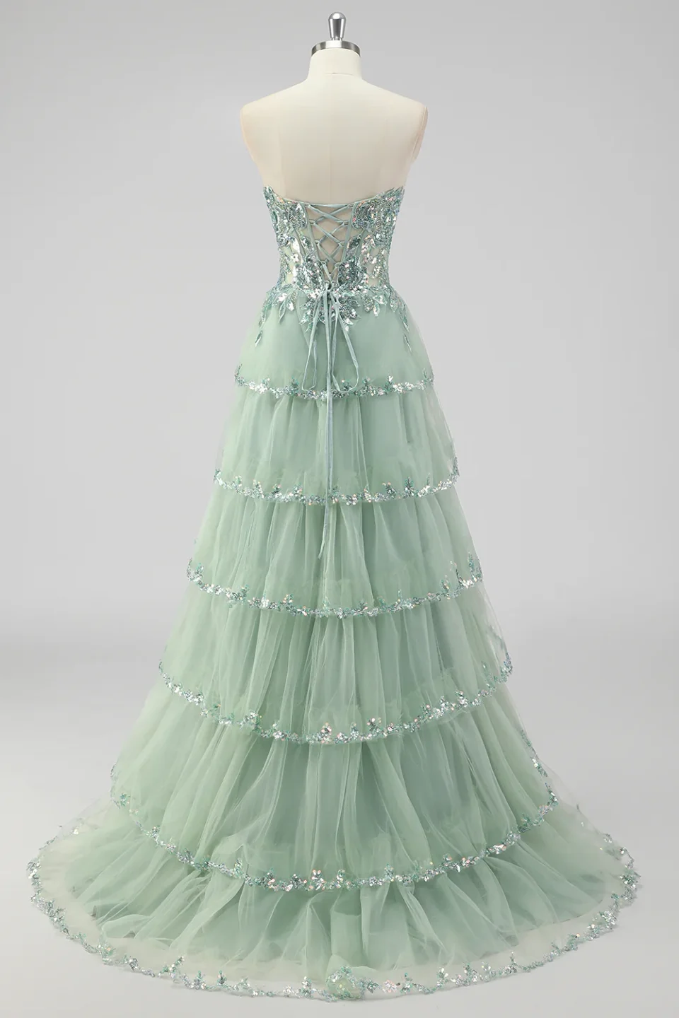 Buy Sage Green Sequin Corset Prom Dress with Slit
