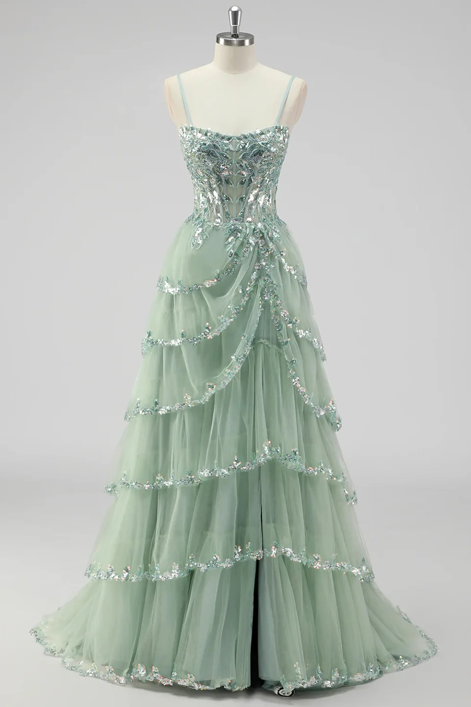 Buy Sage Green Sequin Corset Prom Dress with Slit