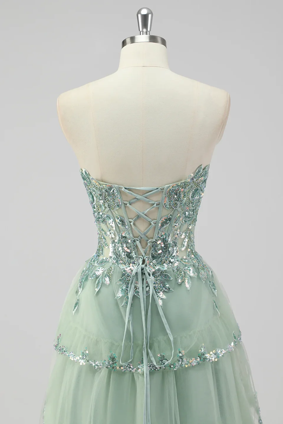 Buy Sage Green Sequin Corset Prom Dress with Slit